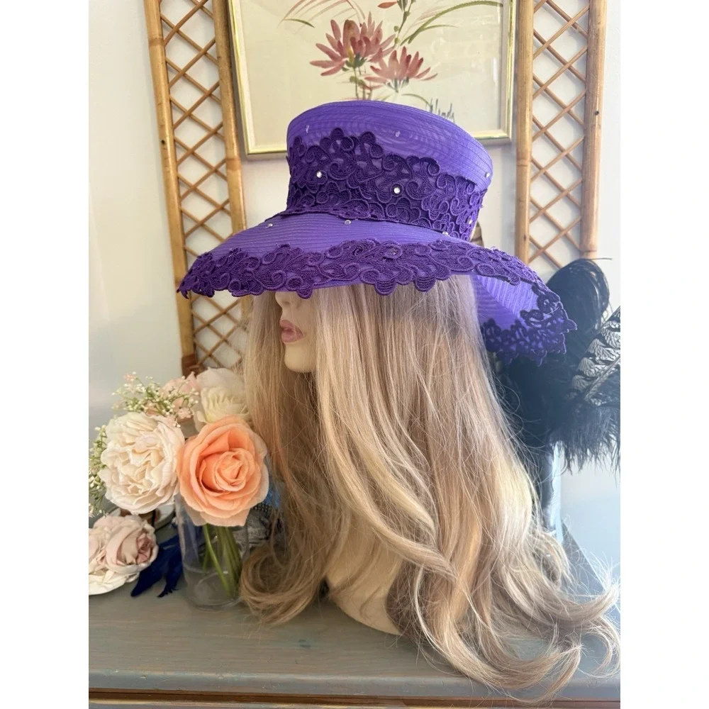Mr Hi's Classic‎ Purple Wide Brim Lace Hat Ribbon Net Rhinestones Vintage 1970s